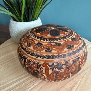 Vintage Hand-Carved Andean Gourd Box With Traditional Peruvian Design With Tags
